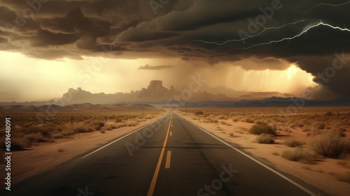 cracked stormy highway in a deserted desert with grain texture and scratches