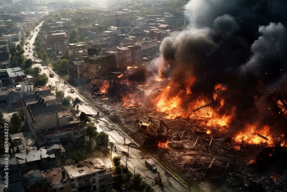 Detailed devastation of fictional urban area by fires, explosion, sinkholes, and train disaster. Generative AI