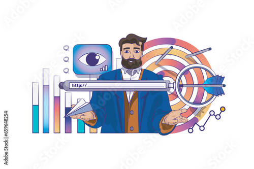 Seo analysis concept with people scene in flat cartoon design for web. Man improves and optimizes site ranking and rating statistics. Vector illustration for social media banner, marketing material.