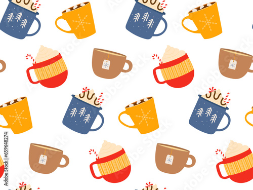 Seamless hot drinks pattern. Traditional autumn or winter drinks. Cups with drink variants. Vector flat repeated background for wallpaper, wrapping, packing, textile