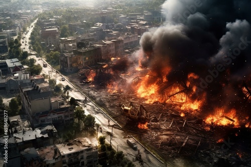 Detailed devastation of fictional urban area by fires  explosion  sinkholes  and train disaster. Generative AI