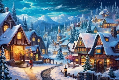 A festive winter village with twinkling lights, colorful decorations, and snowy landscapes. Generative AI