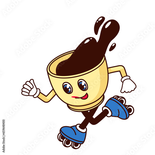 Groovy coffee cup character vector illustration. Cartoon isolated glass mug with pouring hot drink, skates and funny happy smile on psychedelic face roller skating, coffee mascot with arms and legs