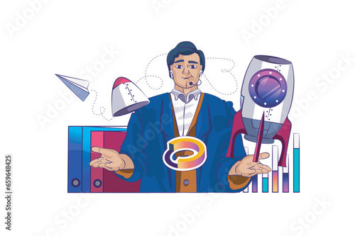 Startup concept with people scene in flat cartoon design for web. Businessman starting and developing company, achieving ambition goal. Vector illustration for social media banner, marketing material.