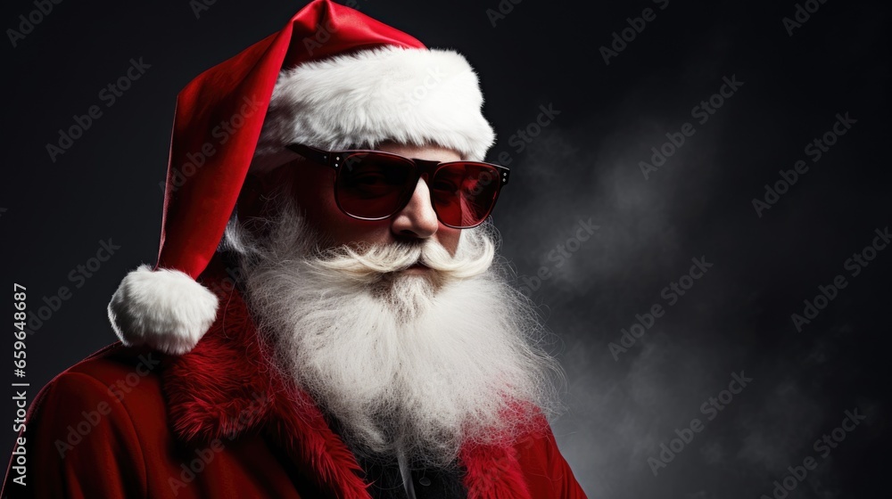 Santa claus in sunglasses on dark background.