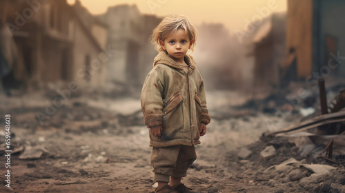 Sad little girl in a dirty clothes stands against destroyed city after the war and looks to the camera. A lonely child standing against bombed out and fuming city. Human suffering. AI generated