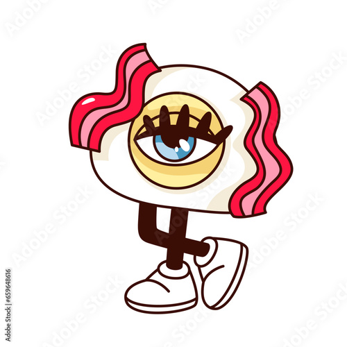Groovy breakfast food character vector illustration. Cartoon isolated retro funky sticker of fried eggs and bacon with psychedelic eye inside and legs, crazy weird emoji of acid trip hallucination