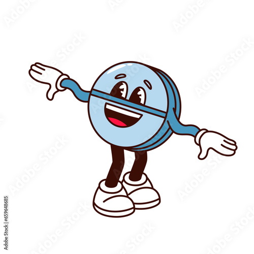 Groovy pill character vector illustration. Cartoon isolated trippy sticker of cute blue tablet for psychedelic trip with arms and legs, funny trippy dope of euphoria with happy smile on round face