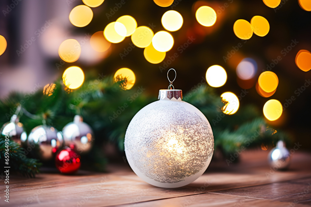 A shiny Christmas ball lies on the table against the background of a Christmas tree and multi-colored bokeh. A shiny Christmas ball lies on the table against the background of a Christmas tree and multi-colored bokeh.