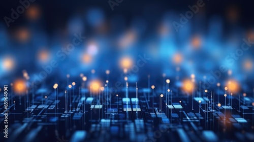Abstract tech background with illuminated fiber optic connections, quantum computing network system and electronic global intelligence