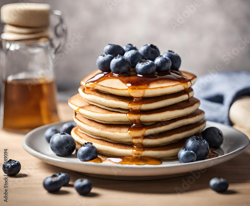 Pancakes Topped With Blueberries And Maple Syrup