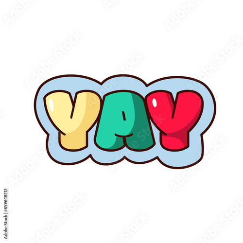 Groovy retro sticker with Yay word vector illustration. Cartoon isolated retro funky text of birthday greeting, congratulations speech and elation emotion with comic bubble font and frame, yay sign