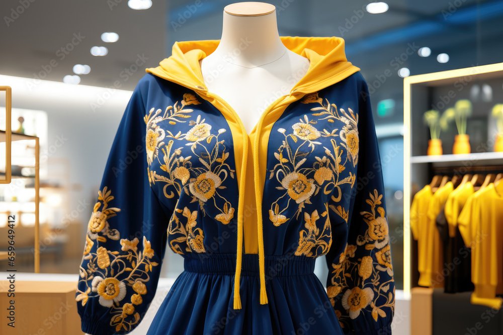 Women's embroidered blue yellow dress