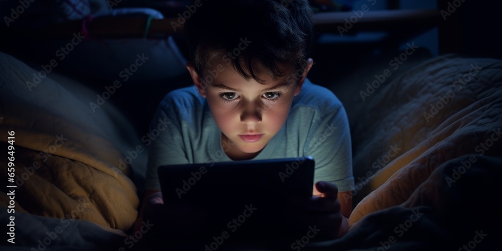 Young Boy Engages with a Tablet Under His Bed at Bedtime, Reflecting the Challenge of Digital Addiction and Excessive Screen Time in Today's Tech-Savvy Youth - obrazy, fototapety, plakaty 