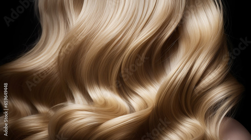 Close-up of wavy golden hair strands   beauty and fashion concept. Macro shot of  female blond  hair strands  top view. Hair care concept. Tuft Blonde hair.  Hair curling concept. AI generated