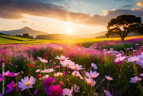 Beautiful field of colorful cosmos flower in a meadow in nature in the rays of sunlight in summer,
