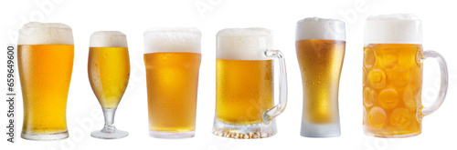 set of various glasses and mugs of beer isolated on transparent background