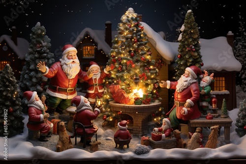 a group of santa figurines sitting in front of a christmas tree