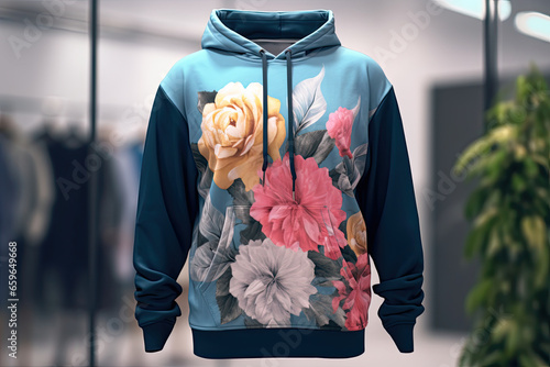 Blue hoodie with floral pattern print, mock up photo