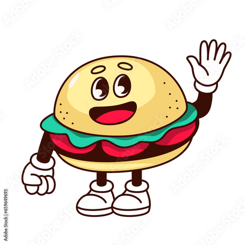 Groovy burger character vector illustration. Cartoon isolated retro hamburger waving with fun, cute comic mascot with funny trippy face, arms and legs, psychedelic emoji for fast food restaurant menu