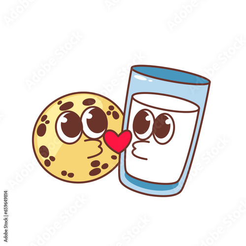 Groovy cookies and milk glass characters in love vector illustration. Cartoon isolated round sweet biscuit with chocolate chips and milk cup kiss and blow heart, breakfast dessert with cute faces