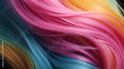 Close-up of colorful hair strands studio shot, beauty and fashion concept. Macro shot of  dyed strands hair in vivid colors, top view. Hair care concept. Tuft bright colored hair.  AI generated