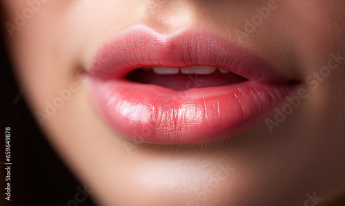 Beautiful female mouth in close up with lipstick in soft and elegant color, professional makeup.