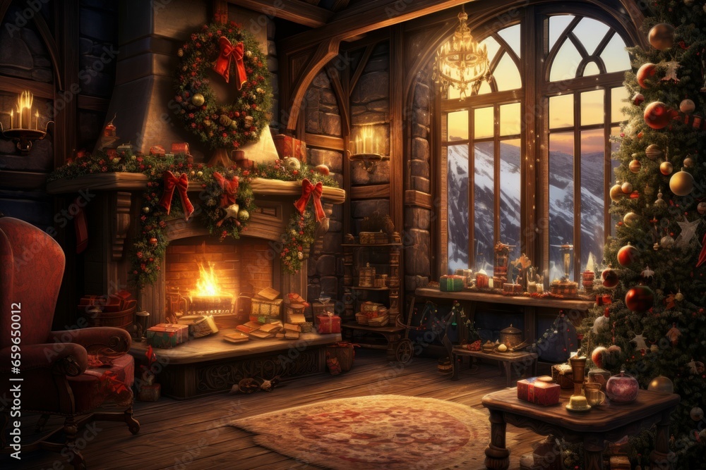 Festive Christmas interior room. Fire decor. Generate Ai
