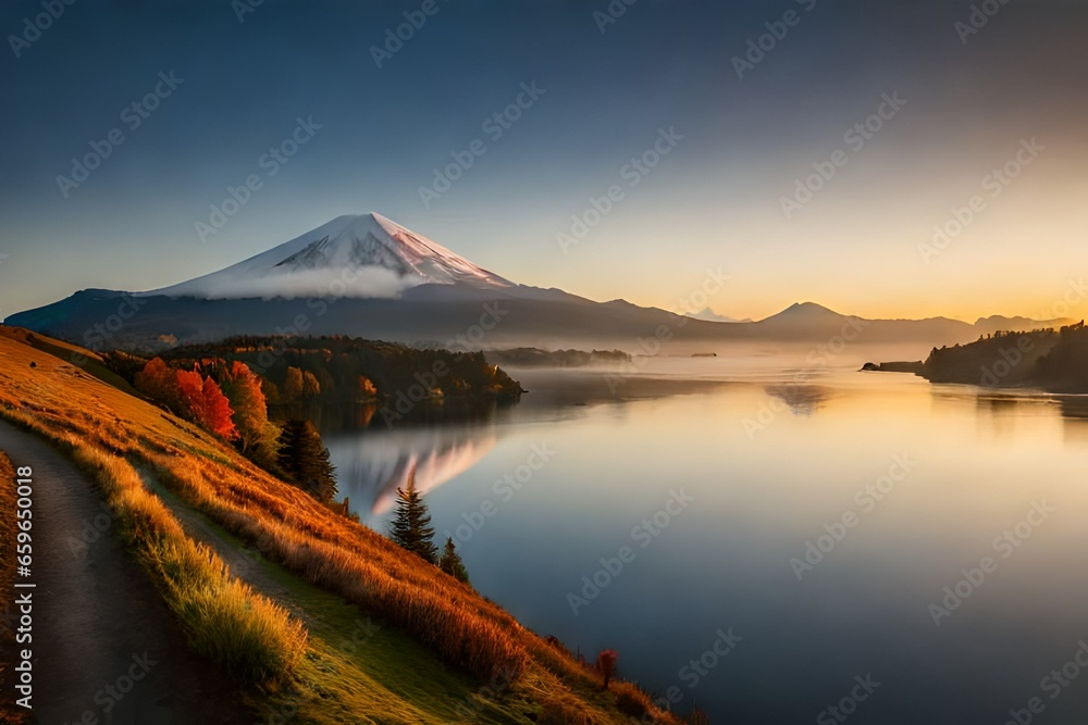Colorful Autumn Season and Mountain Fuji with morning fog and yellow leaves,.