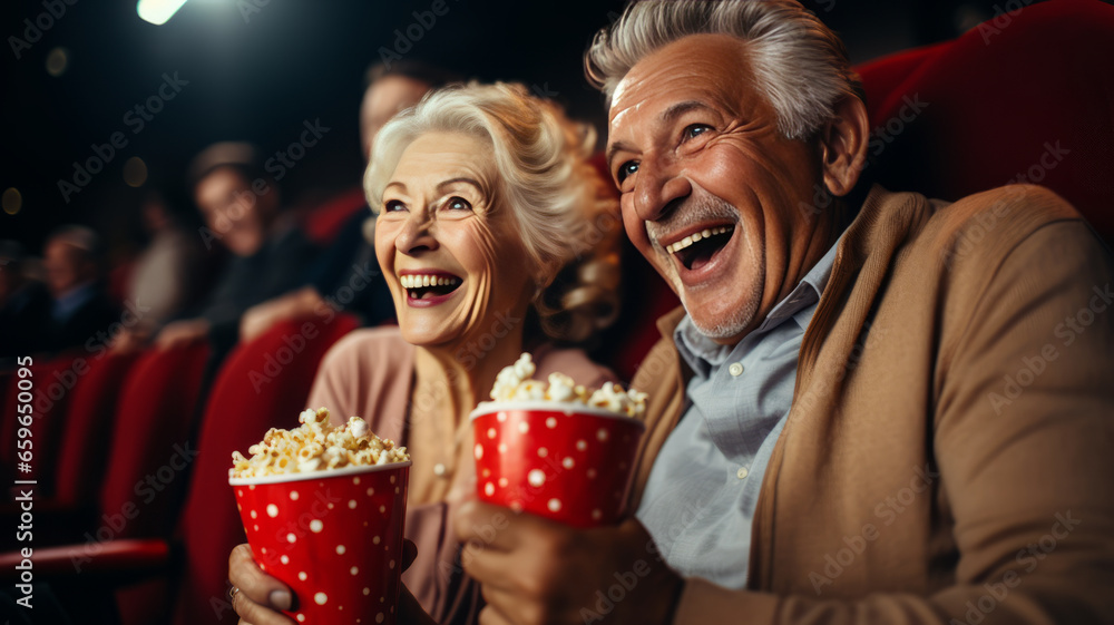 Cheerful senior couple with popcorn at cinema. elderly people.