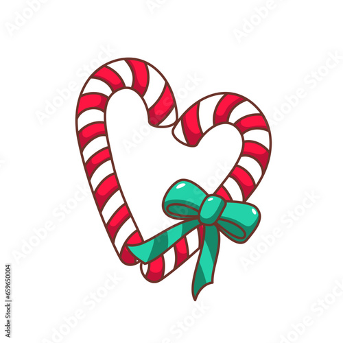 Groovy candy cane vector illustration. Cartoon isolated retro decoration with sweet candy peppermint sticks and green ribbon, traditional Christmas gift of heart shape for happy Xmas celebration