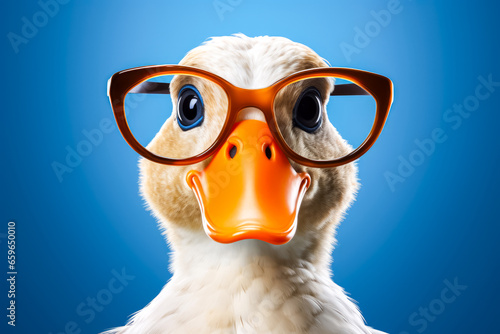 funny duck wearing glasses and looking at the camera on blue background