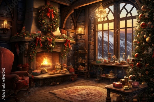 Festive Christmas interior room. Fire decor. Generate Ai © juliars