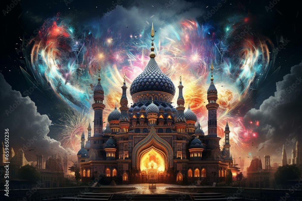 An elaborate mosque with vibrant burst. A digital artwork depicting a multicolored explosion. Generative AI - obrazy, fototapety, plakaty 
