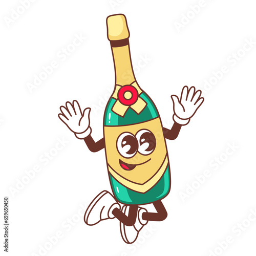 Groovy champagne bottle character vector illustration. Cartoon isolated retro psychedelic sticker of wine bottle mascot with funny smile on face, arms and legs, gift for Christmas or birthday party