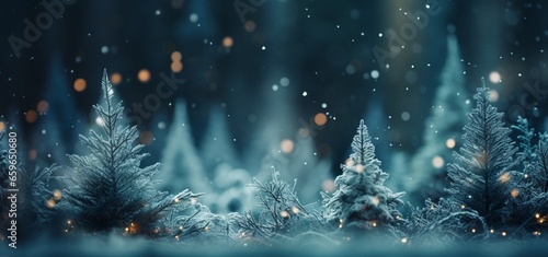 Snowy winter blurry landscape with Pine trees in blizzard. Season greetings concept. Generative AI