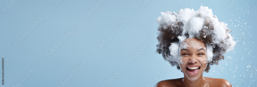  banner portrait beautiful african American model girl with big soap foam on head in hair on solid blue background, hygiene, Shampoo, hair treatment and soap, bathing time , copyspace . - obrazy, fototapety, plakaty 