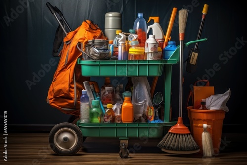 Portable Cleaning tools cart building. Mop bucket. Generate Ai