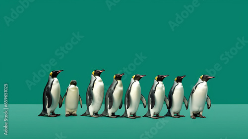 group of Penguin full body side view, isolated on green background,