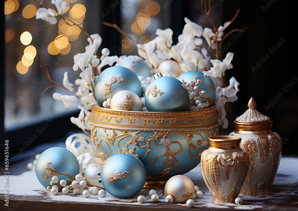 Blue, white and gold Christmas decoration for house.