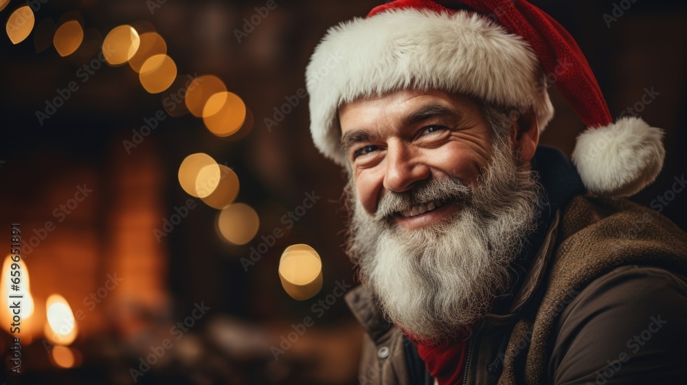 Portrait of smiling senior man in red santa claus clothes with beard in santa claus hat looking at camera with smiling face, christmas tree background. Portrait of smiling senior man in red santa claus clothes with beard in santa claus hat looking at camera with smiling face, christmas tree background.