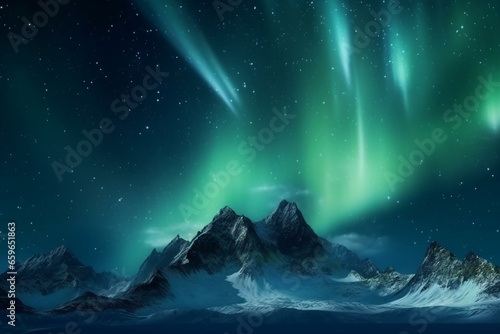 Mountains with aurora sky. Blue wallpaper with space. Generative AI