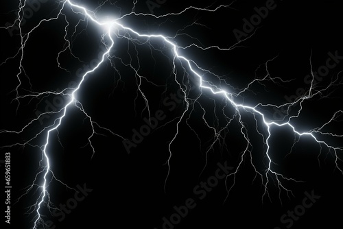 Isolated thunder lightning bolts on black background. Generative AI