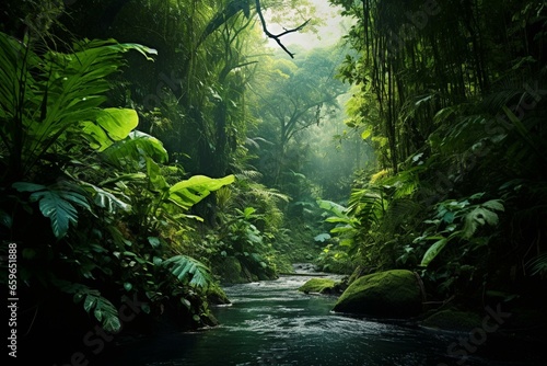 Background with lush foliage in a mysterious rainforest. Generative AI
