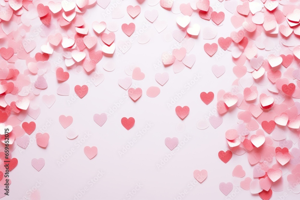 Background with heart confetti. Valentine's Day theme. Minimalistic design. Square. Generative AI