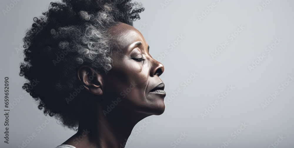 Portrait of thoughtful mid age senior Afro American woman. - obrazy, fototapety, plakaty 