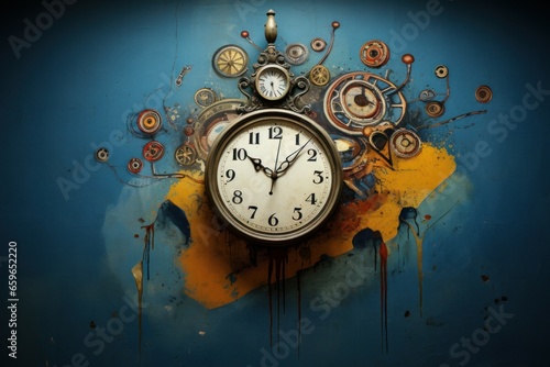 Rustic Old clock on brick wall. Retro time concept. Generate Ai