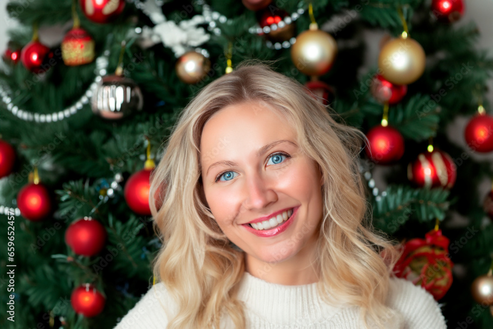 Christmas portrait of a beautiful smiling blonde woman in a white sweater on the background of a decorated Christmas tree