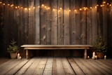 warm light bulb strop over a wooden planks background. empty bench