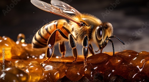 close-up of a bee on a honey, bee doing honey, bee in beehive, close-up of bee doing honey in beehive, honey background, bee wallpaper © Gegham